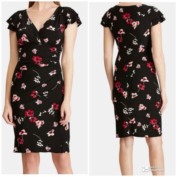 LAUREN RALPH LAUREN Floral Ruched Jersey Dress - Picture 1 of 15